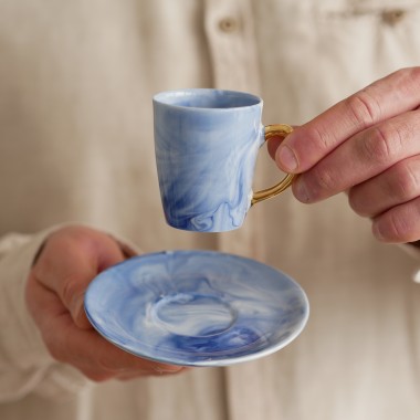 Filiżanka 70ml INK kobaltowy ze złotym uszkiem + talerzyk 11cm