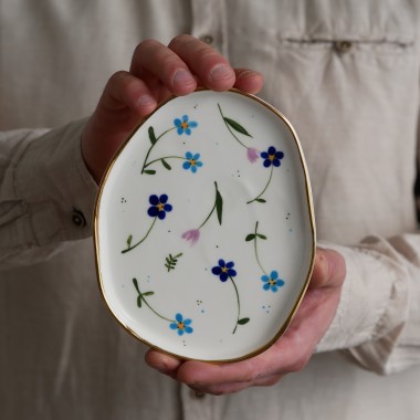 Talerzyk na drobiazgi podmuchy niebieskie ze złotym rantem 13x16,5cm (M)