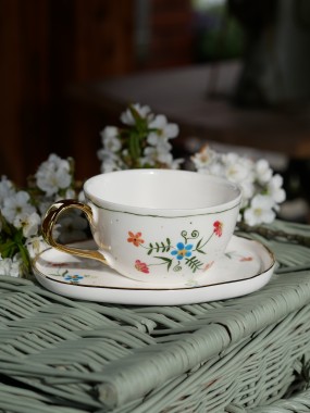 Filiżanka 300ml wiejska opowieść ze złotym uszkiem + talerzyk 13x16,5cm (M)