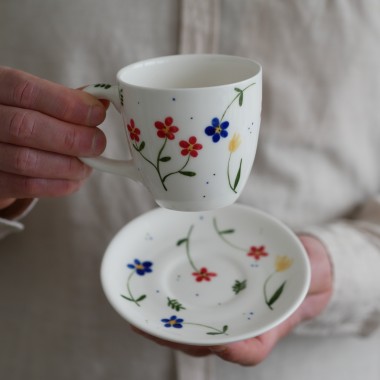 II GATUNEK Kubek 220ml podmuchy z białym uszkiem + talerzyk 12,5cm