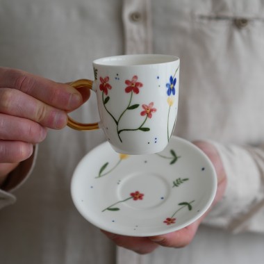 II GATUNEK Filiżanka 150ml podmuchy ze złotym uszkiem + talerzyk 11,5cm