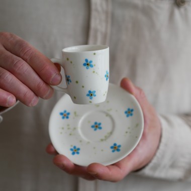 II GATUNEK Filiżanka do espresso 70ml niezapominajki z białym uszkiem + talerzyk