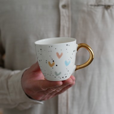Kubek 220ml serduszki kolorowe ze złotym uszkiem 