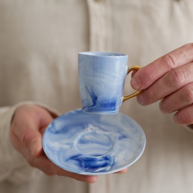 Filiżanka 70ml INK kobaltowy ze złotym uszkiem + talerzyk 11cm