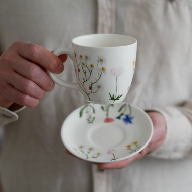 Kubek 220ml polne kwiaty z białym uszkiem + talerzyk 12,5cm