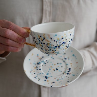 II GATUNEK filiżanka 300ml colorful ze złotym uszkiem + talerzyk 15cm