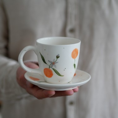 Kubek 220ml soczyste pomarańcze z białym uszkiem + talerzyk 12,5cm