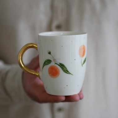 Kubek 300ml soczyste pomarańcze ze złotym uszkiem