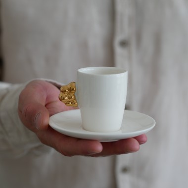 Filiżanka do espresso 70ml biała ze złotym uszkiem bubble + biały talerzyk