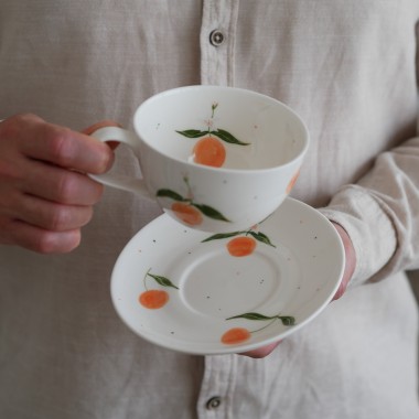 Filiżanka 300ml soczyste pomarańcze (+wewnątrz) z białym uszkiem + talerzyk 15cm 