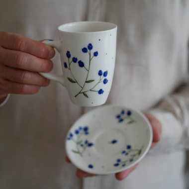 Kubek 250ml borówki/jagody z białym uszkiem + talerzyk 12,5cm 