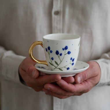 Kubek 220ml borówki/jagody ze złotym uszkiem + talerzyk 12,5cm