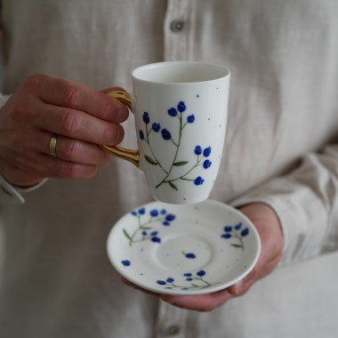 Kubek 250ml borówki/jagody ze złotym uszkiem + talerzyk 12,5cm