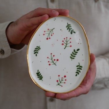 Talerzyk na drobiagi zimowe roślinki 13x16,5cm (M) ze złotym rantem
